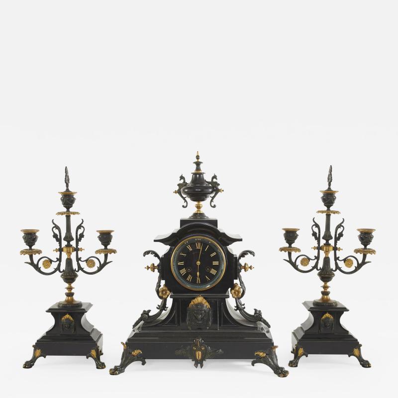 French Bronze Marble Three Piece Clock Garniture Set