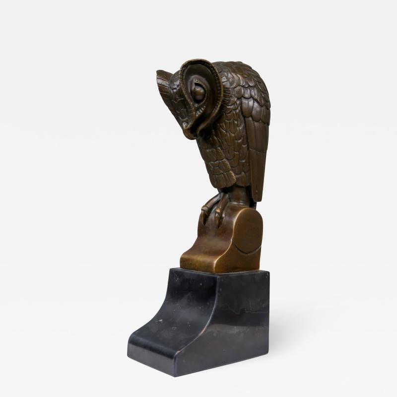French Bronze Owl on Marble in Art Deco Style 20th c 
