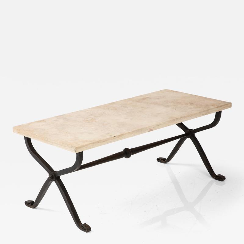 French Bronze Thick Travertine Top Coffee Table France 1940s