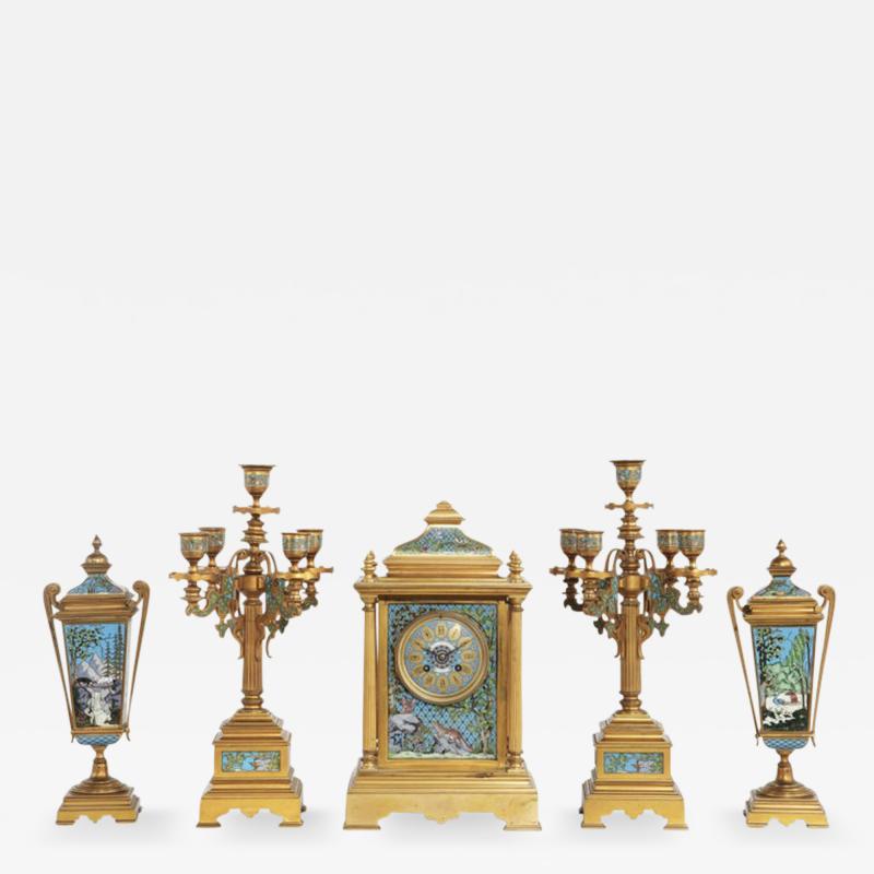 French Bronze and Champleve Cloisonne Enamel Five Piece Clock Garniture Set