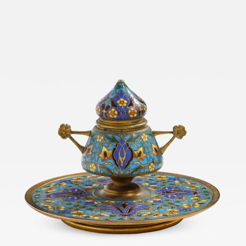 French Bronze and Champleve Enamel Inkwell Encrier by Ferdinand Barbedienne