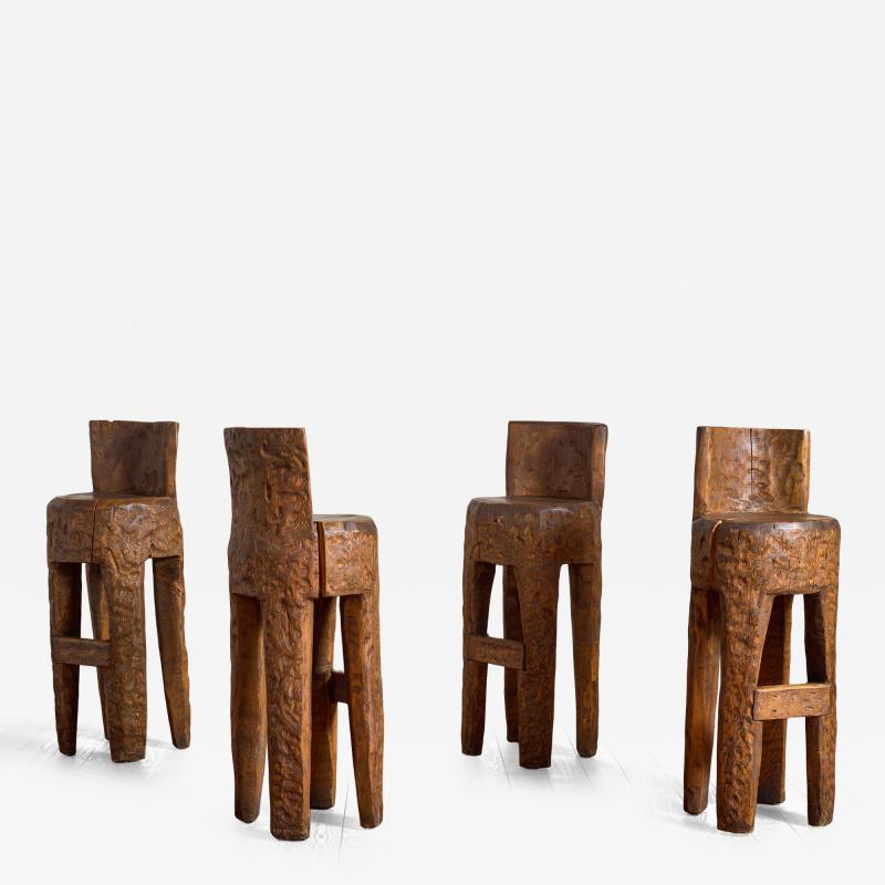 French Brutalist Carved Bar Stools Set of 4