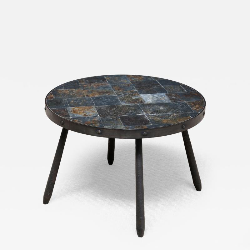 French Brutalist Round Side Table in Wrought Iron and Slate 1970s