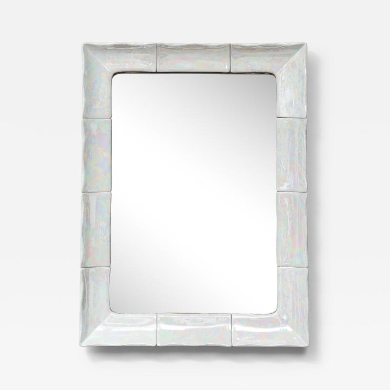French Ceramic White Iridescent Mirror 1970