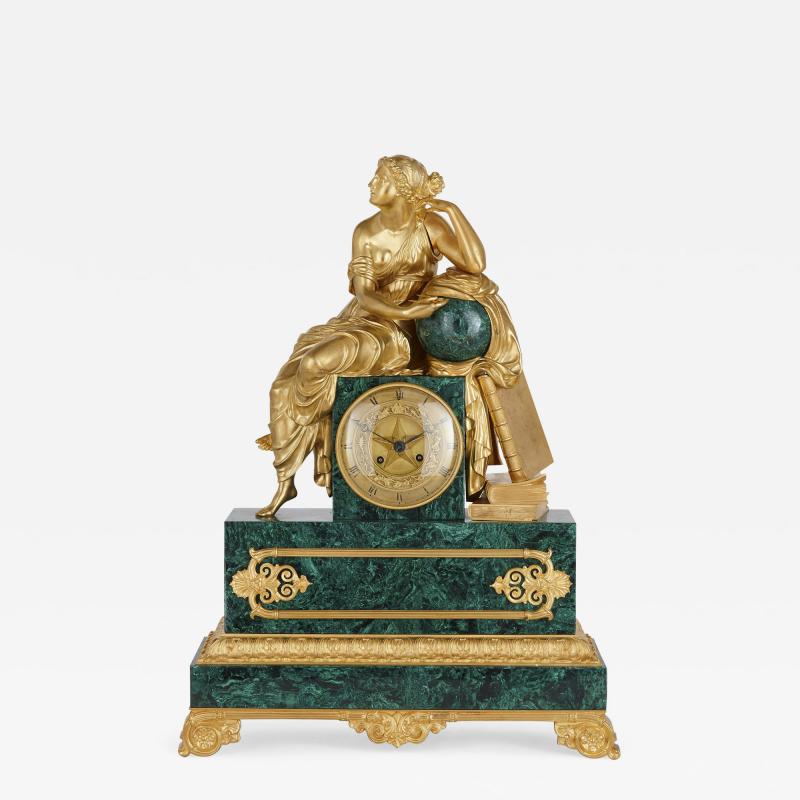 French Charles X malachite and gilt bronze figurative clock