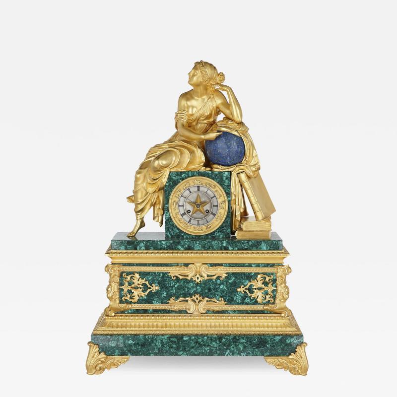 French Charles X malachite lapis lazuli and gilt bronze figurative clock