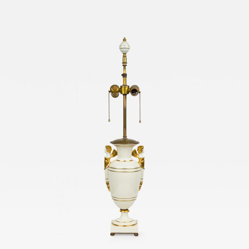 French Charles X style White and Gilt Ceramic and Brass Urn Form Table Lamp