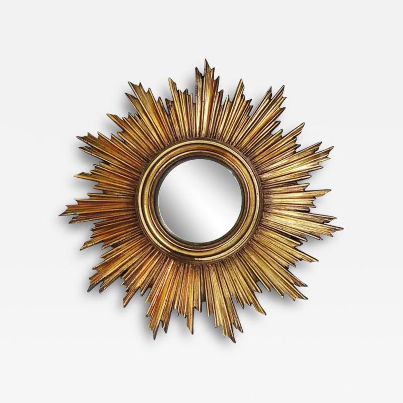 French Convex Soleil Sunburst Starburst Gilt Wall Mirror Hollywood Regency