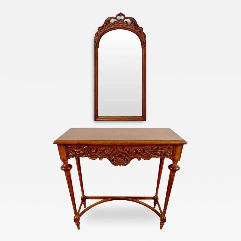 French Country Style Walnut Craved Small Console Mirror with Antiqued Glass