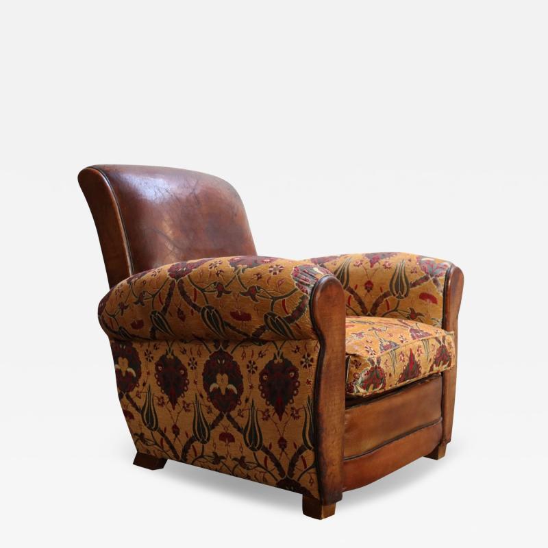 French Deco Club Chair in Leather and Anatolian Turkish Kilim Upholstery