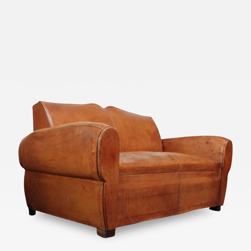 French Deco Leather Mustache Loveseat Settee