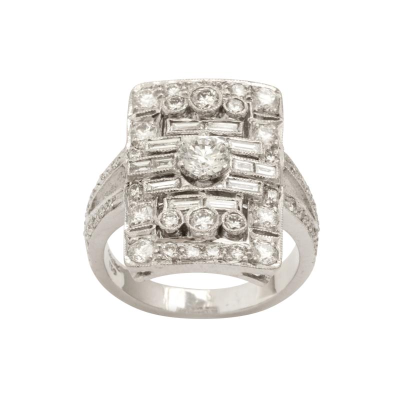 French Deco Style Platinum and Diamond Ring
