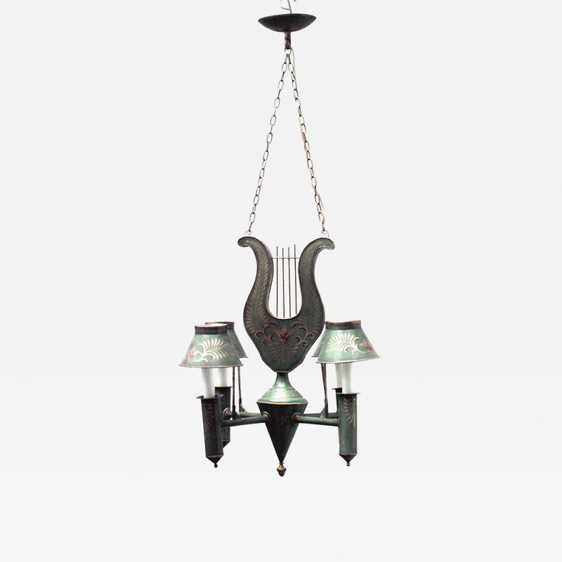 French Directoire Style Green Tole and Gilt Lyre Chandelier