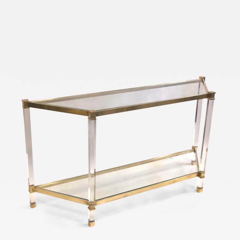 French Double Level Lucite Brass and Glass Trapezoid Form Console Sofa Table