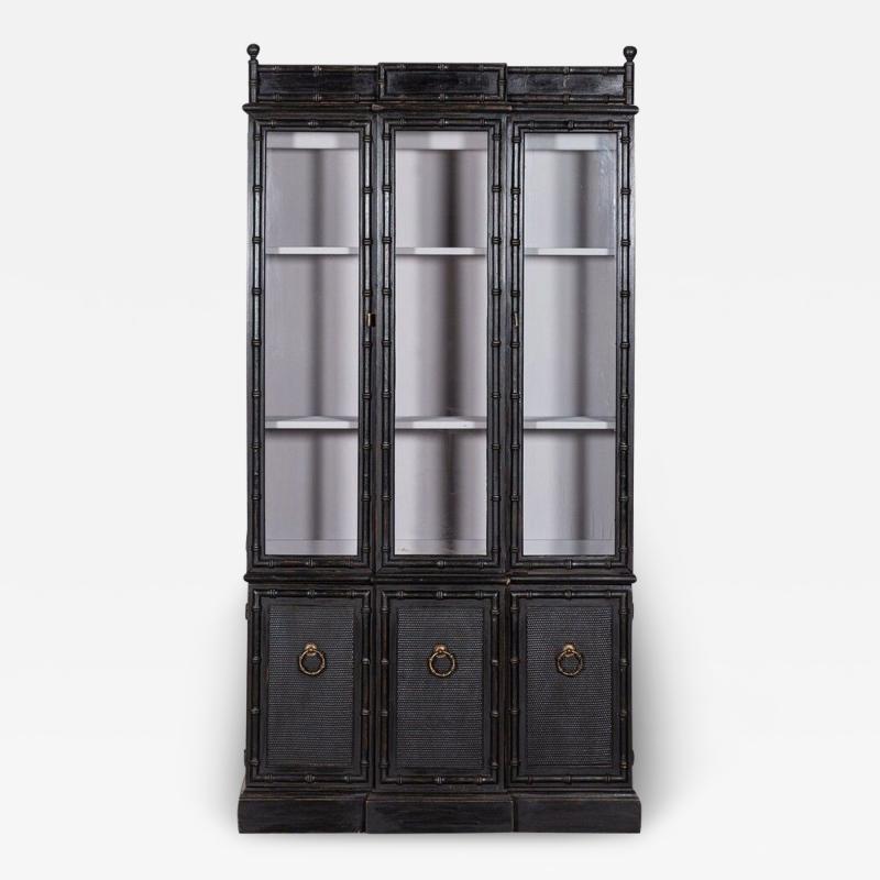 French Ebonised Faux Bamboo Beech Glazed Breakfront Bookcase Vitrine