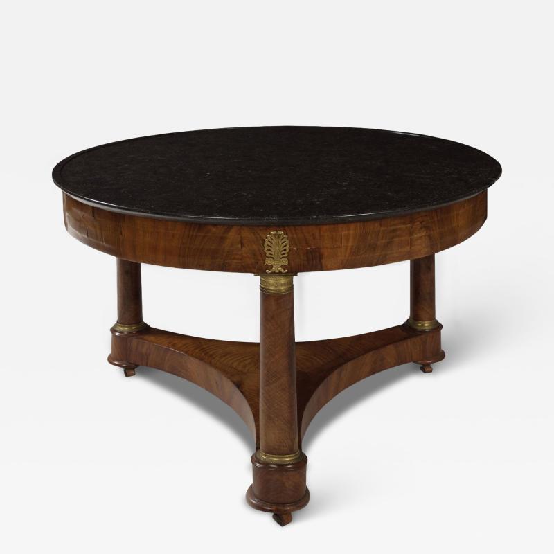 French Empire Antique Burl Walnut Center Table with Black Marble Top circa 1815