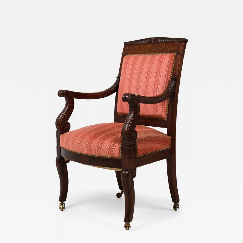French Empire Armchair with Red Floral Striped Damask Upholstery