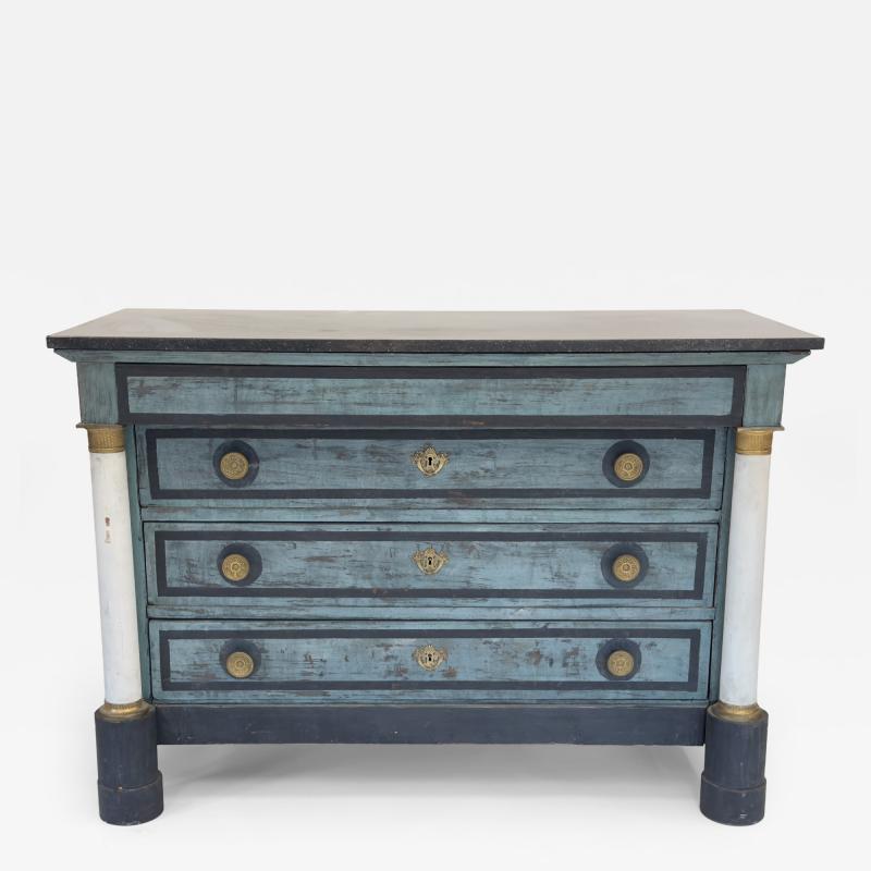 French Empire Blue Painted Commode with Marble Top and Brass Accents Circa 1850