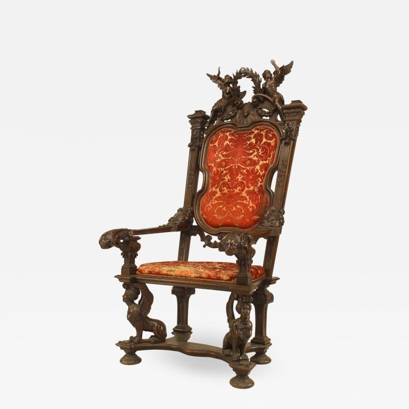 French Empire Monumental Walnut and Velvet Throne Chair