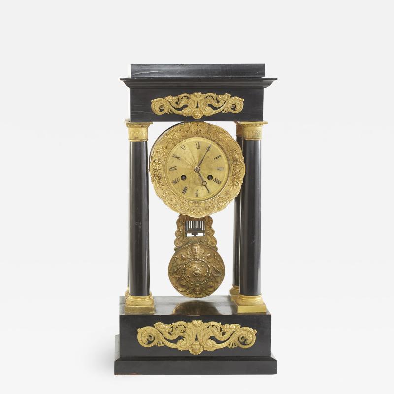 French Empire Portico Black Bronze Table Clock