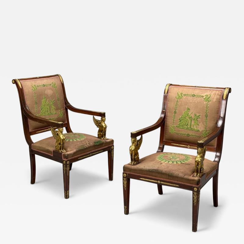 French Empire Revival Bronze Mahogany Tapestry Armchairs France 19th c 