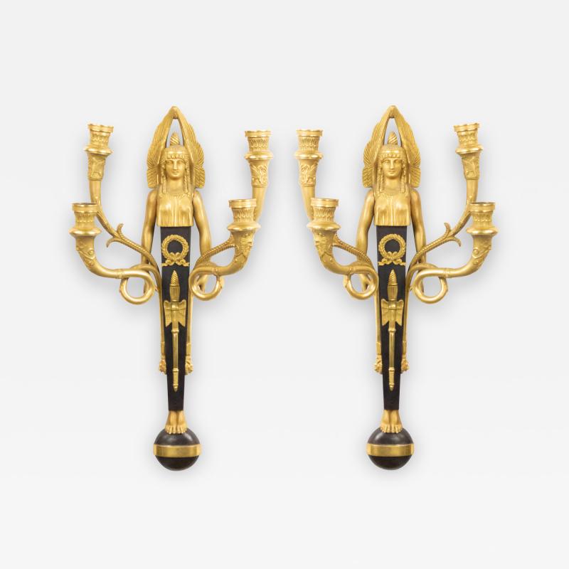 French Empire Style Bronze Gilt Figural Wall Sconces