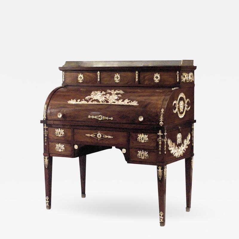 French Empire Style Mahogany Roll Top Desk with Bronze Gilt Trim