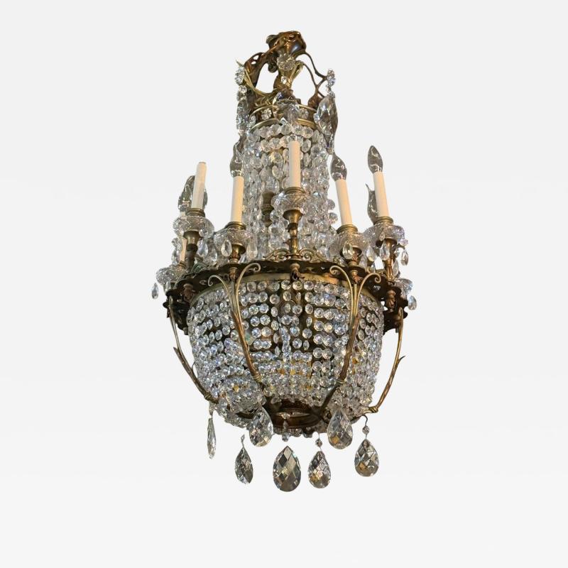 French Empire Thirteen Light Basket Chandelier Bronze Crystal France 19th C