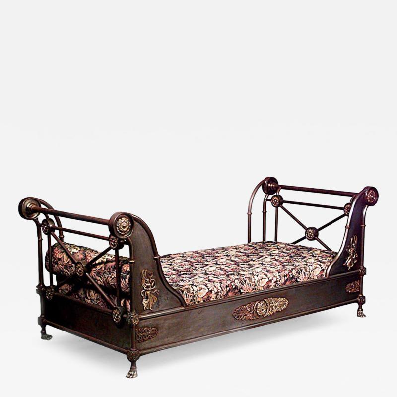 French Empire style 19th Cent steel and bronze trimmed sleigh design daybed