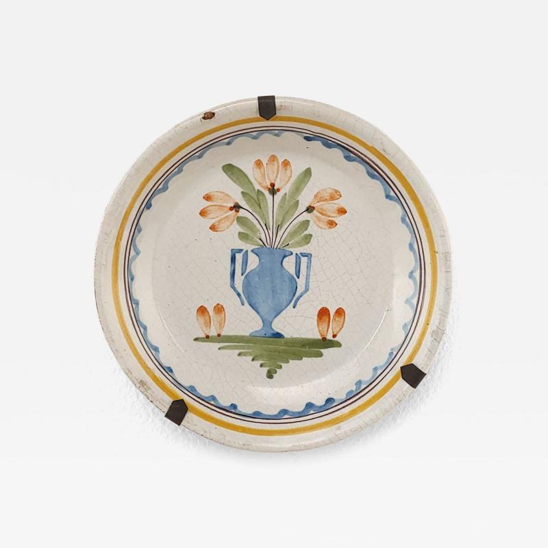 French Fa ence Plate with Vase and Flowers 18th 19th century