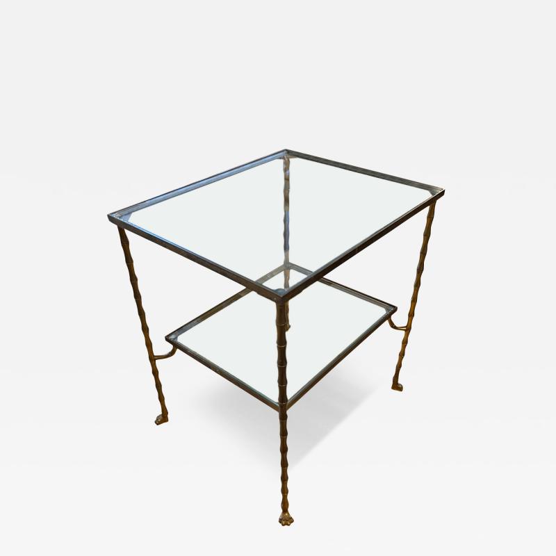 French Faux Bamboo Brass Side Table With Clear Glass and Paw Feet