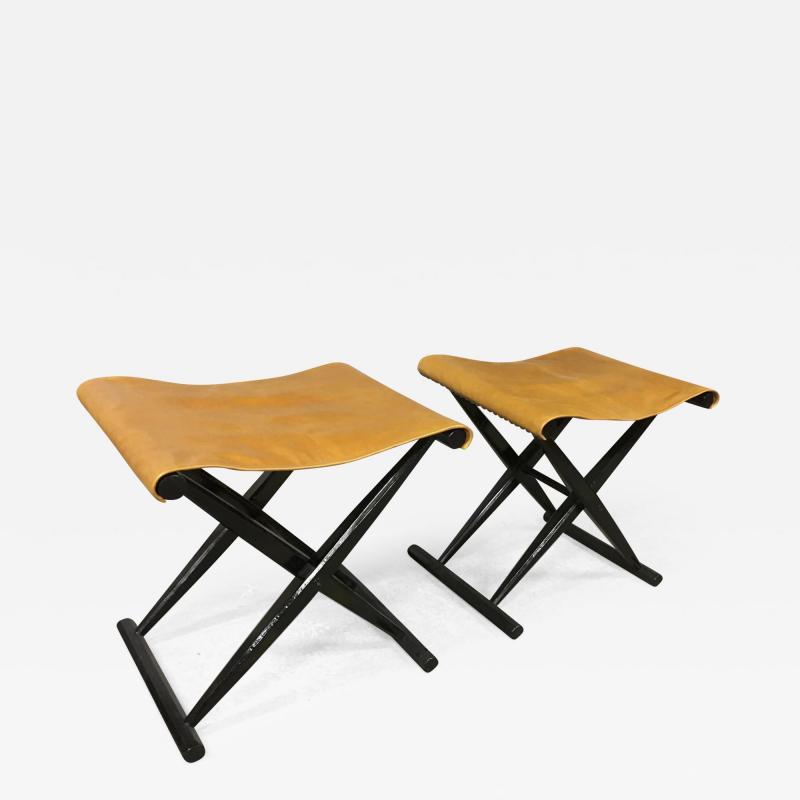 French Folding Black X Stool with Leather Seat