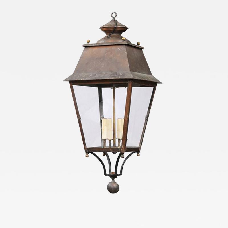 French Four Light Copper and Glass Tapering Lantern USA Wired