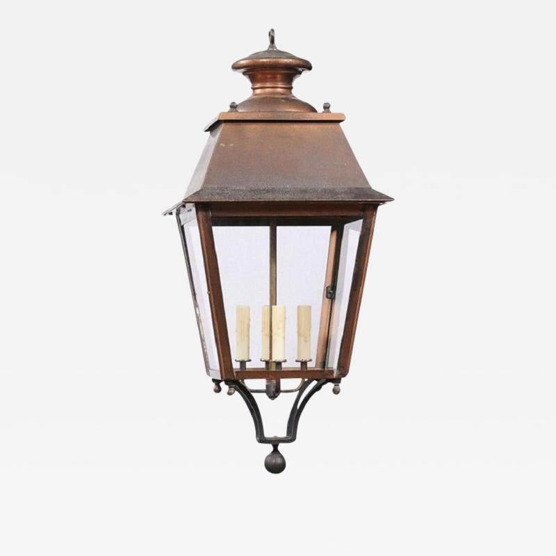 French Four Light Copper and Glass Tapering Lantern USA Wired