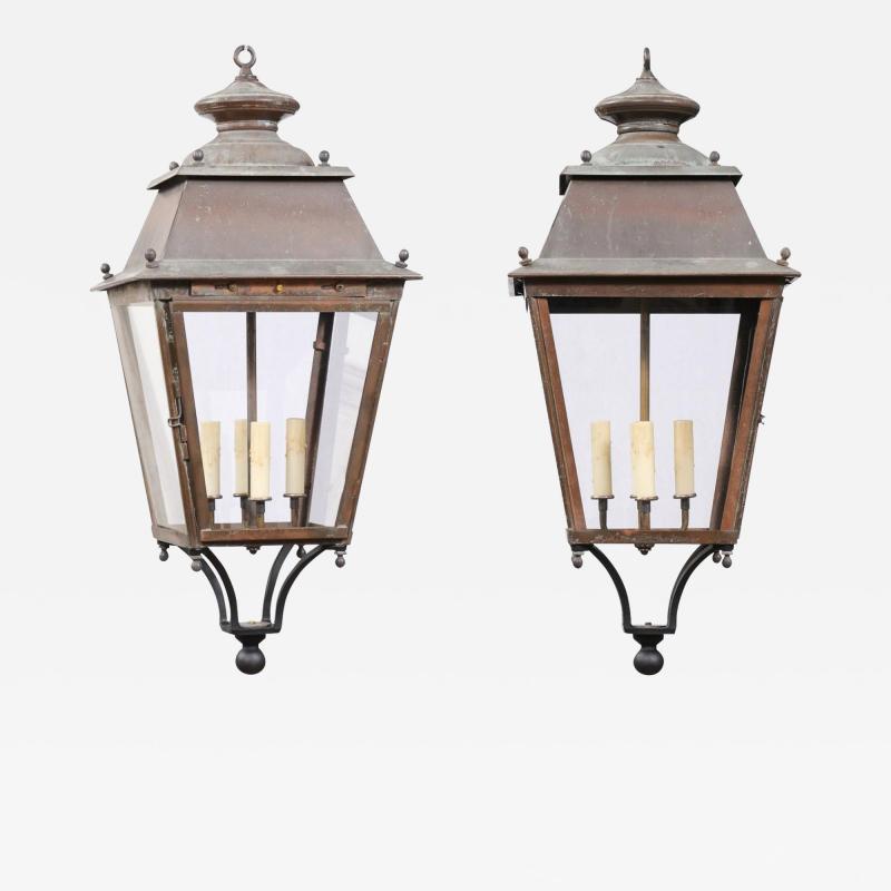 French Four Light Glass and Copper Lanterns with Patina US Wired and Sold Each