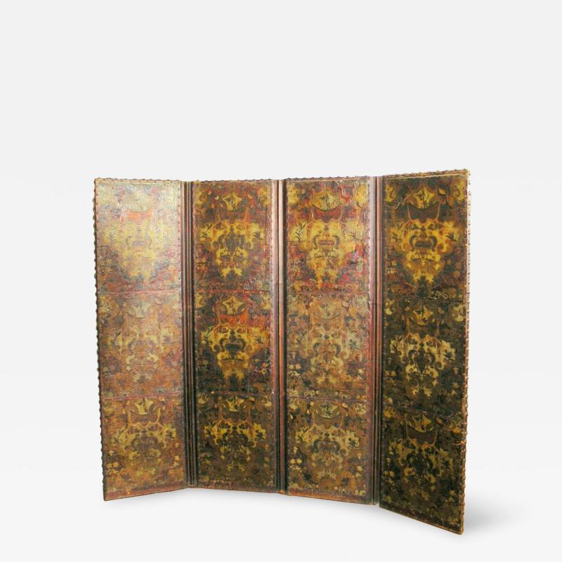 French Four Panel Polychrome Leather Screen