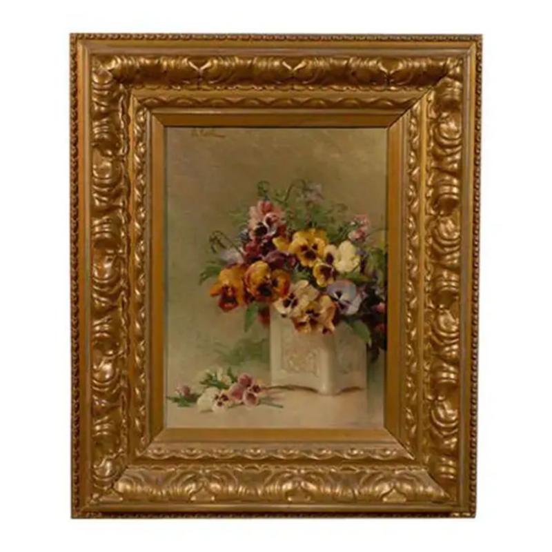 French Framed Oil on Board Still Life Painting Depicting Pansies 19th Century