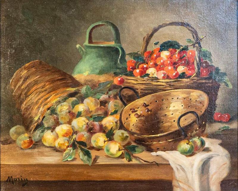 French Framed Oil on Canvas Still Life Painting Signed Morin Depicting Fruits