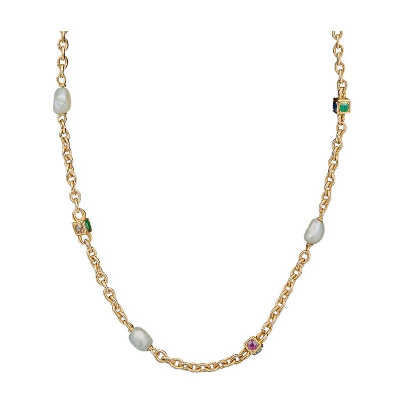 French Gem set Colored Diamond and Baroque Pearl Necklace