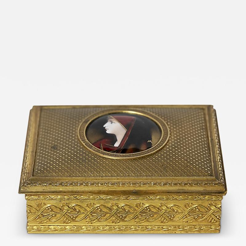 French Gilt Bronze Jewelry Box with Limoges Enamel Portrait Plaque