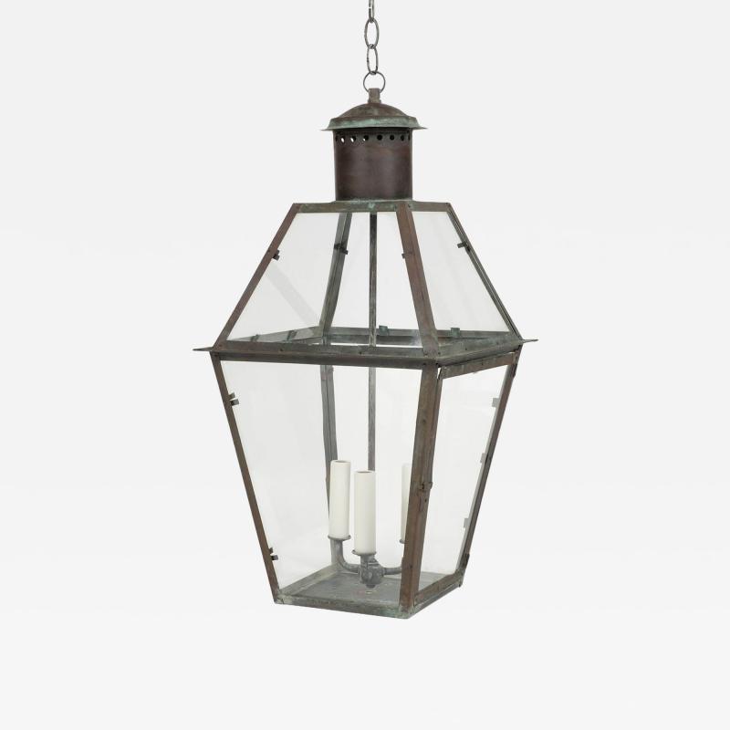 French Glass Paneled Verdigris Green and Copper Lantern