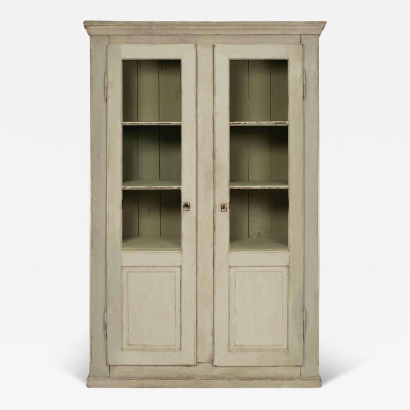 French Green Gray Painted Cabinet with Glazed Panels