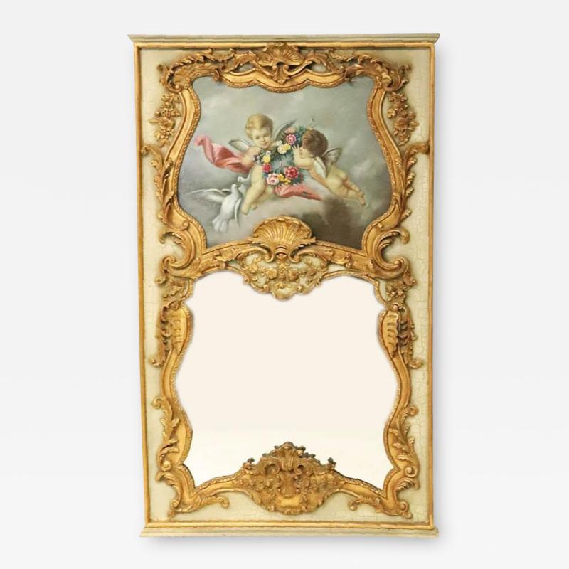 French Hand Painted Gilt Decorated Trumeau Mirror