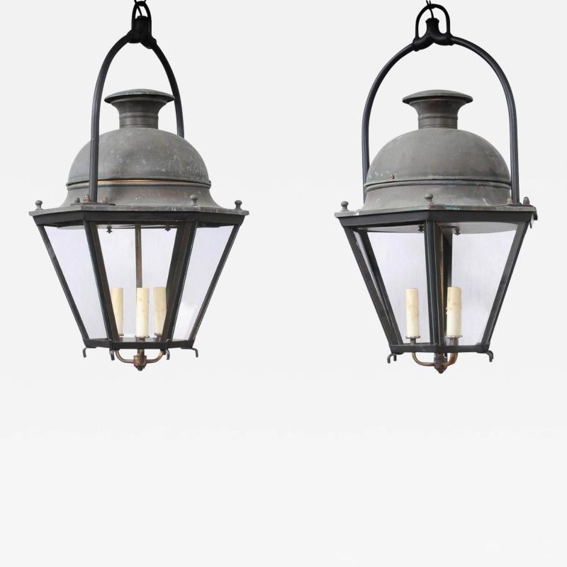 French Hexagonal Three Light Copper Lanterns with Domed Tops Two Sold Each