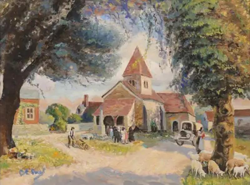 French Impressionist Style 1950s Oil on Canvas Painting Depicting a Small Church