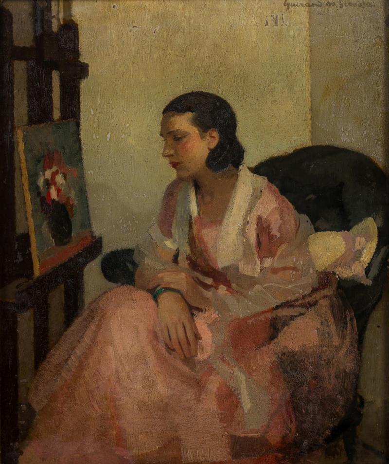 French Impressionist portrait of a young lady studying a still life painting by
