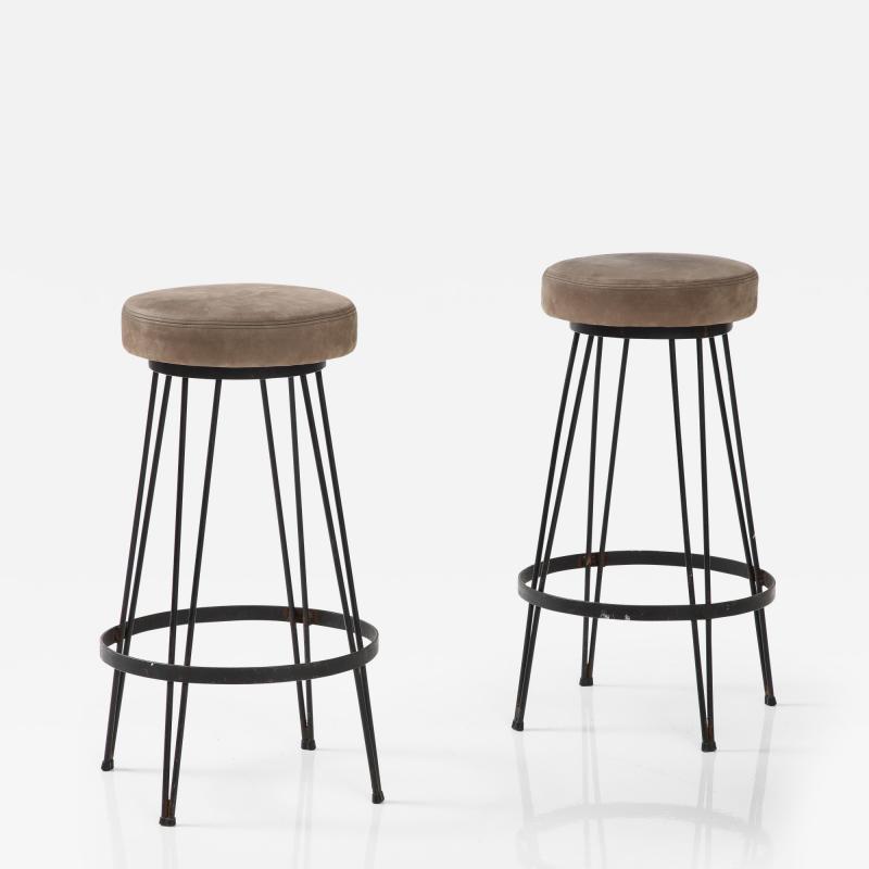 French Industrial Wrought Iron Counter Stools with Nubuck Upholstery