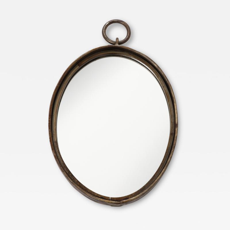 French Iron Oval Mirror with Chain Ring Hook France 1950