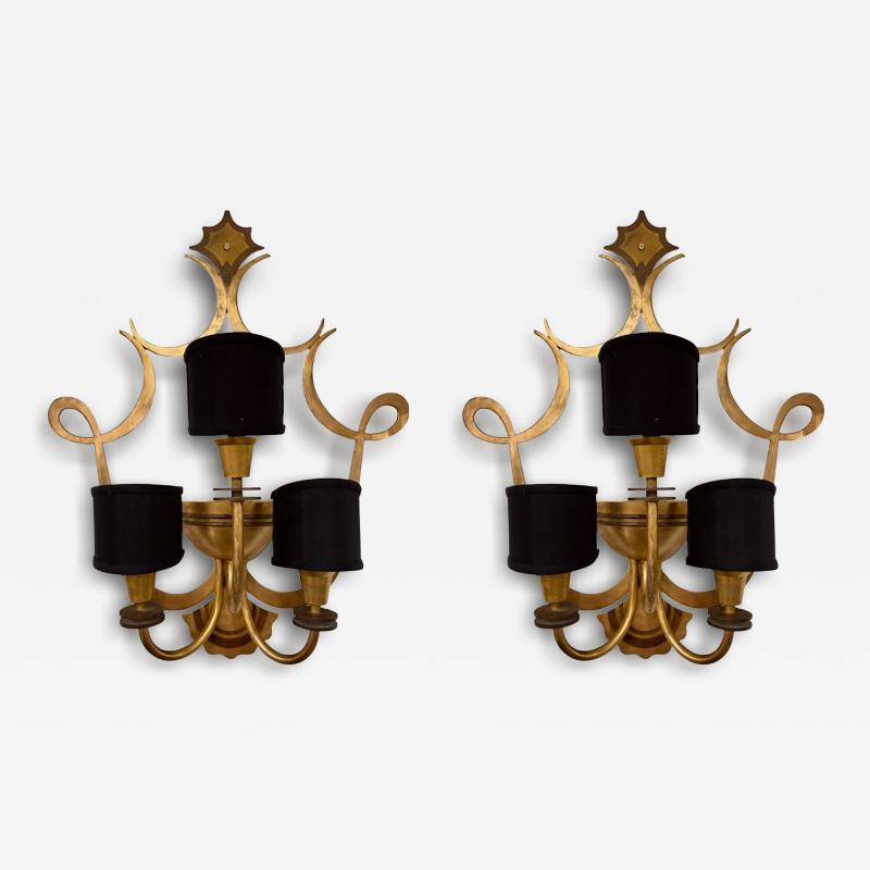 French Large Pair of Three Armed Bronze Wall Lights circa 1940