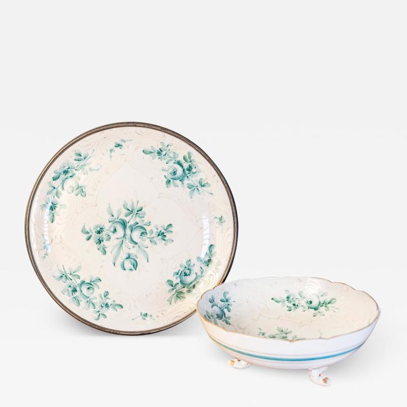 French Limoges Porcelain Bowl with Green Bouquet of Roses and Underplate